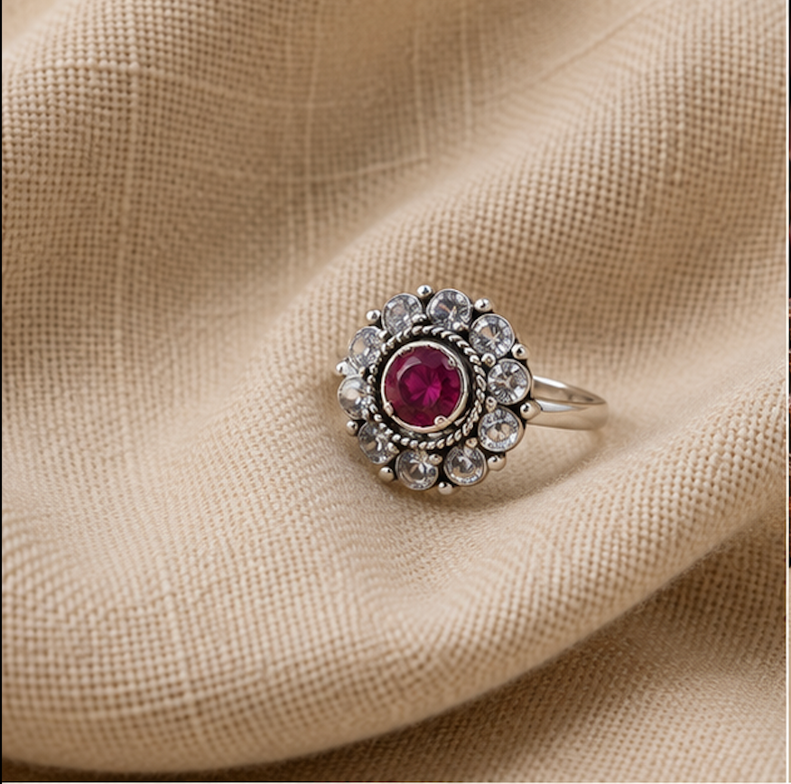 Antique Silver Ruby Floral Stone Toe Ring