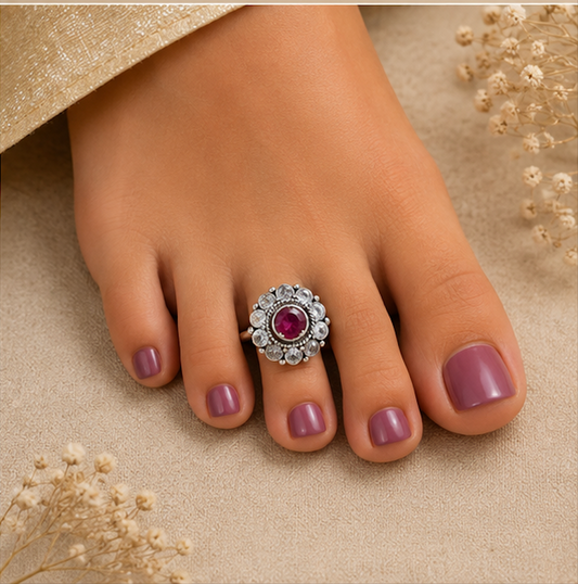 Antique Silver Ruby Floral Stone Toe Ring