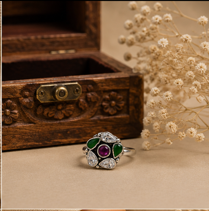 Antique Silver Green & Purple Stone Floral Toe Ring