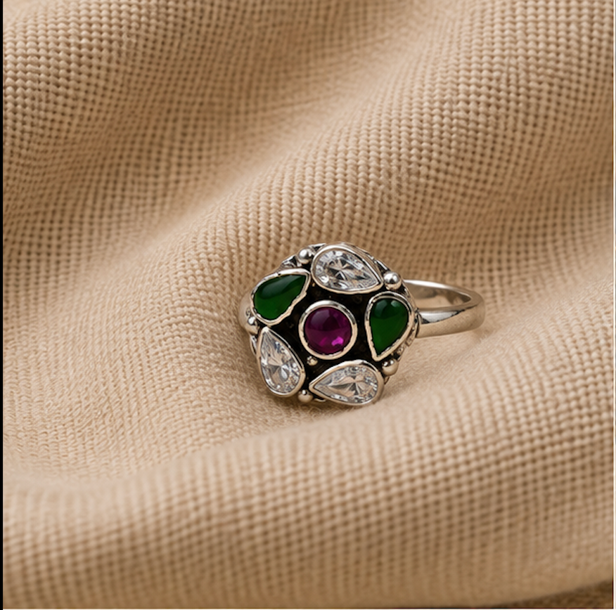 Antique Silver Green & Purple Stone Floral Toe Ring