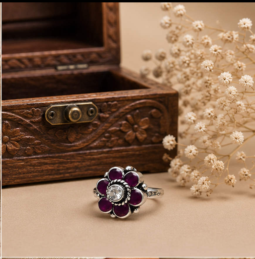 Antique Silver Purple Floral Stone Toe Ring