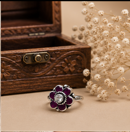 Antique Silver Purple Floral Stone Toe Ring