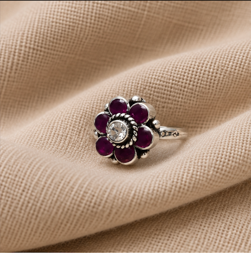 Antique Silver Purple Floral Stone Toe Ring
