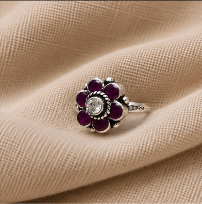 Antique Silver Purple Floral Stone Toe Ring