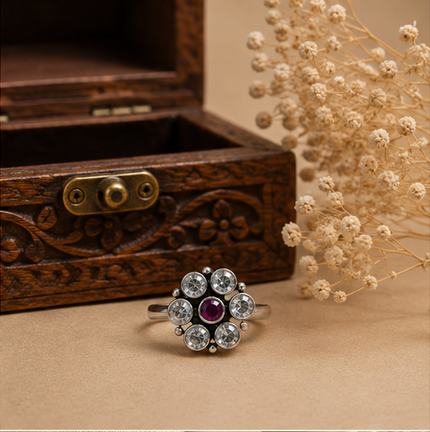 Antique Silver Purple Stone Floral Toe Ring