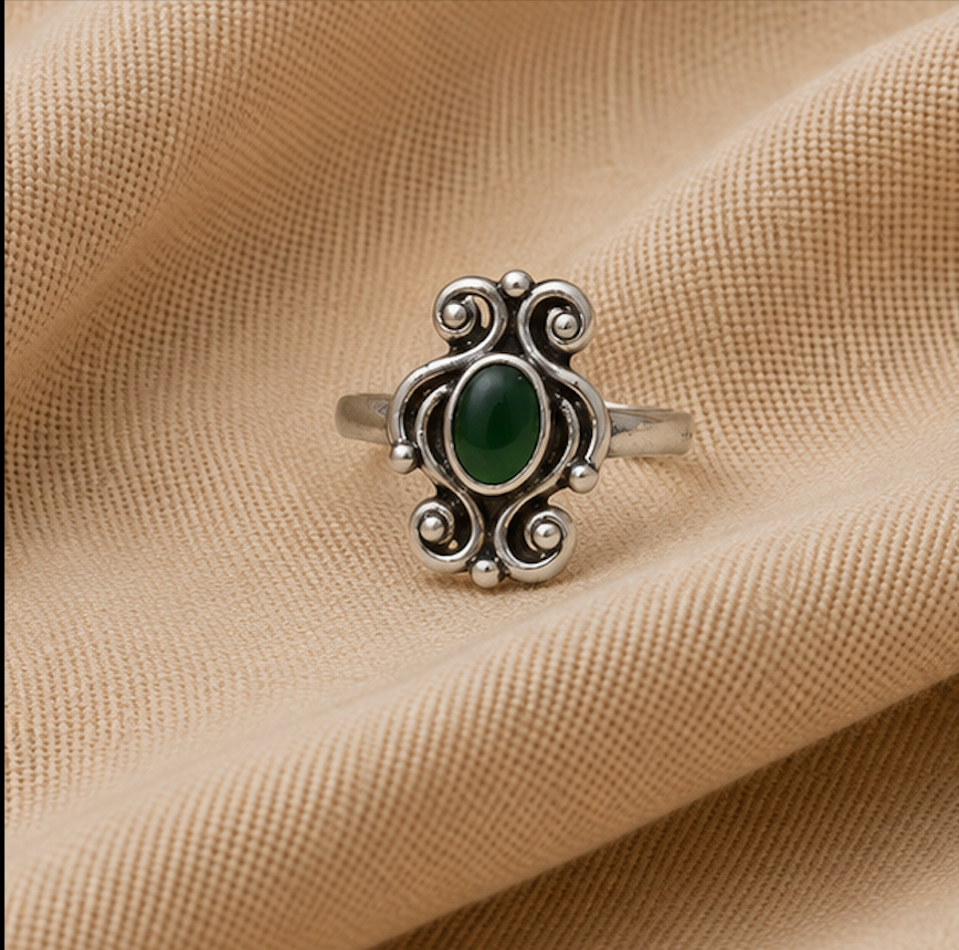 Antique Silver Green Stone Scroll Toe Ring