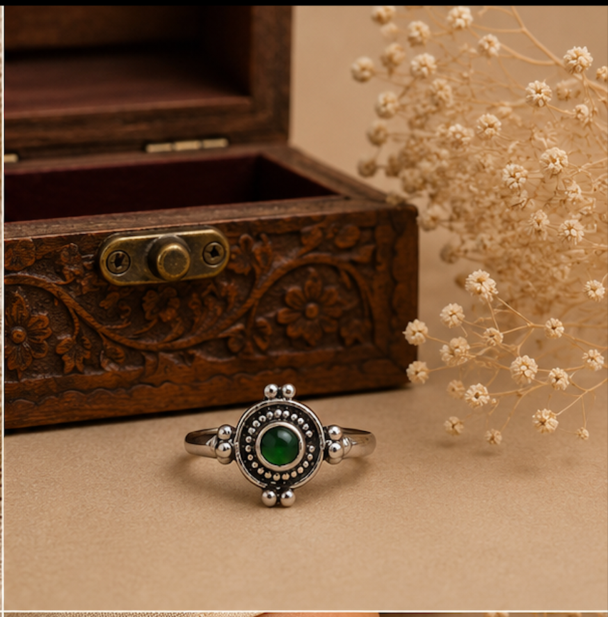 Antique Silver Green Stone Beaded Toe Ring