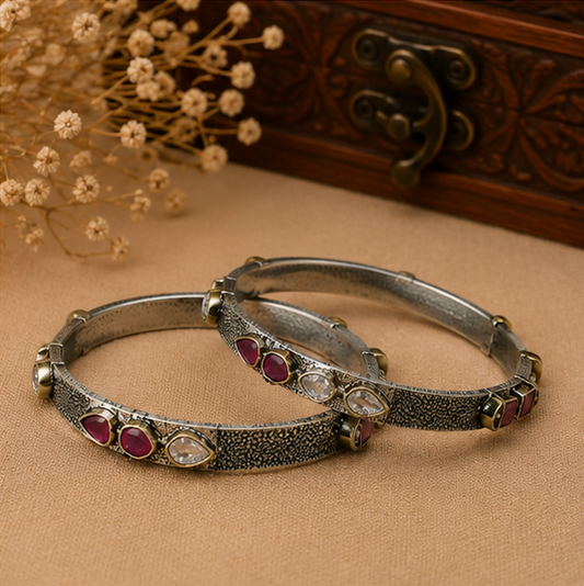Dual Stone Textured Oxidized Silver Bangles
