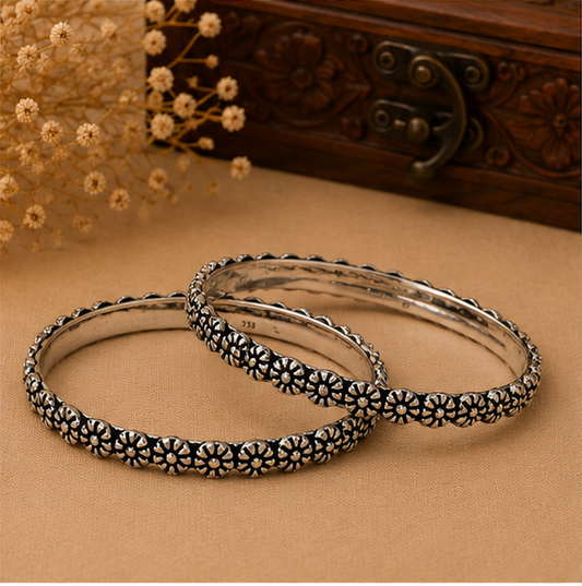 Antique Oxidized Silver Floral Motif Bangles