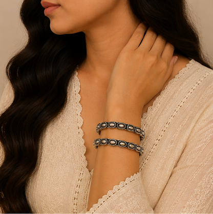 Antique Oxidized Silver Oval Motif Bangles