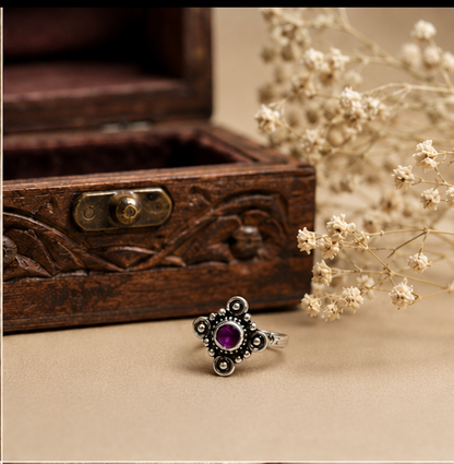 Antique Silver Purple Stone Floral Toe Ring