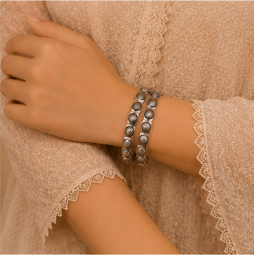 Antique Silver Double-Strand Textured Beaded Bangle