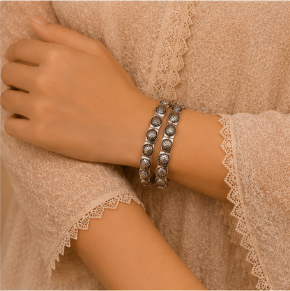Antique Silver Double-Strand Textured Beaded Bangle