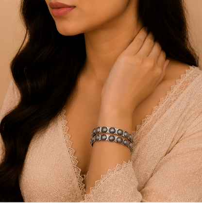 Antique Silver Double-Strand Textured Beaded Bangle