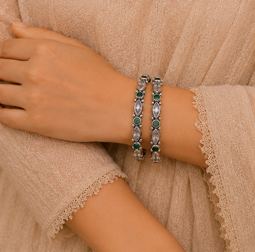 Emerald Grace Oxidized Silver Bangles