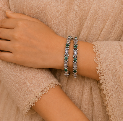 Emerald Grace Oxidized Silver Bangles