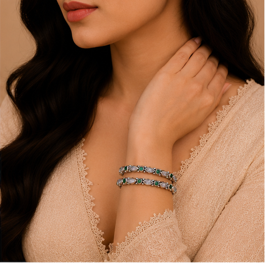 Emerald Grace Oxidized Silver Bangles