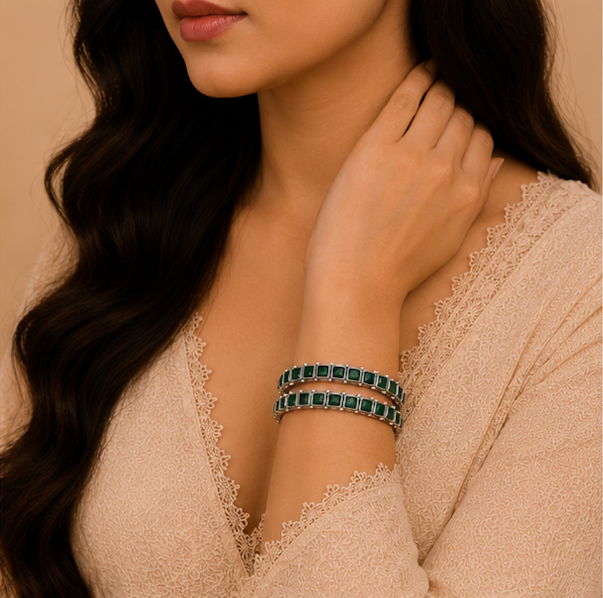 Emerald Royale Square Stone Silver Bangles