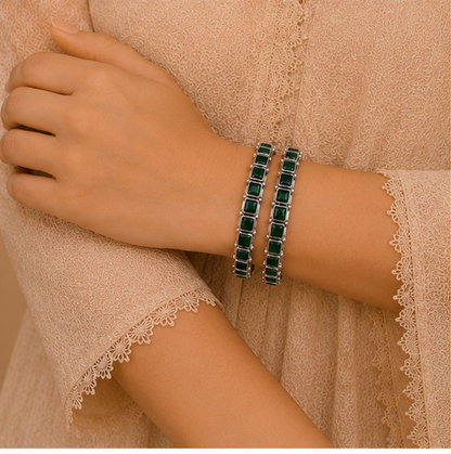 Emerald Royale Square Stone Silver Bangles