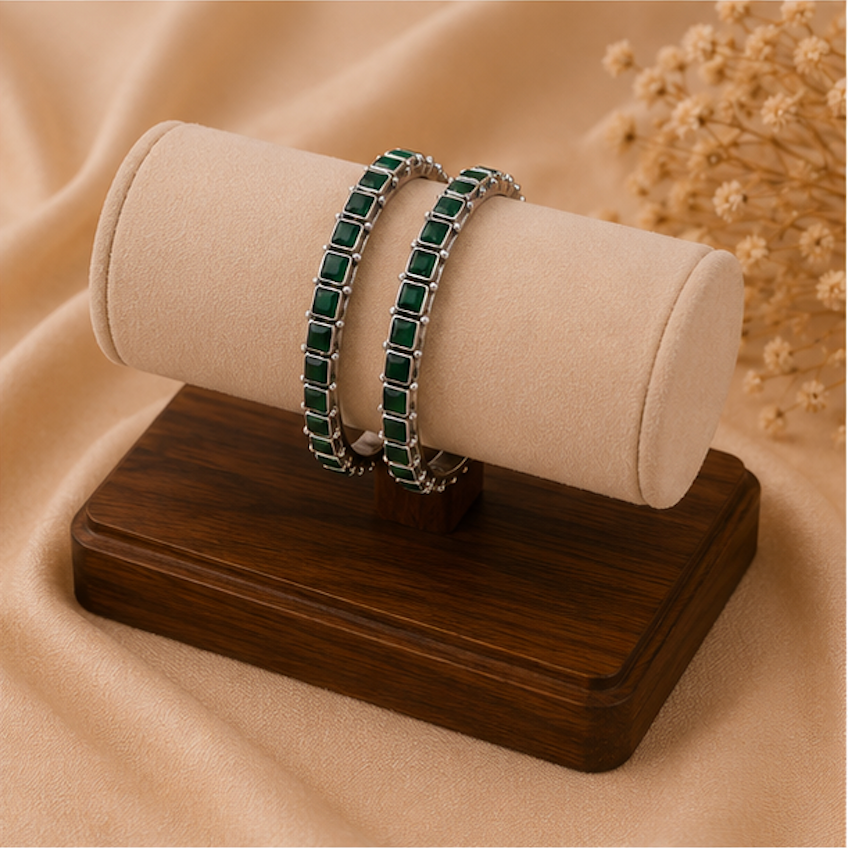 Emerald Royale Square Stone Silver Bangles