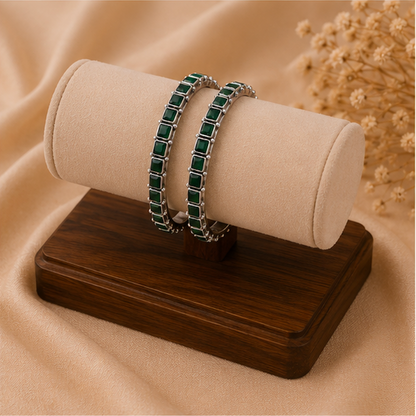 Emerald Royale Square Stone Silver Bangles