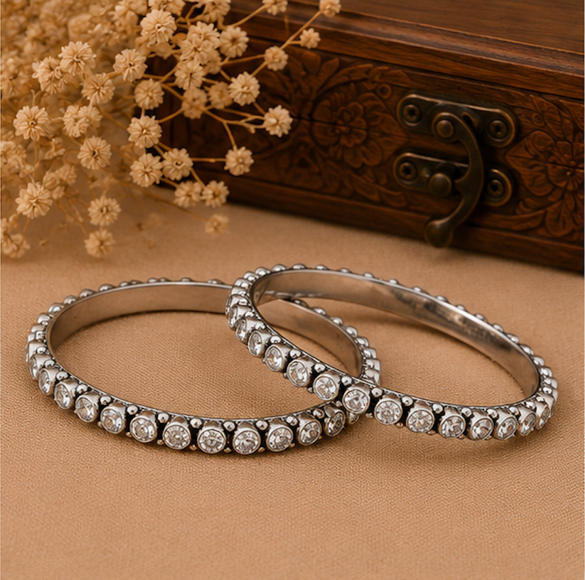 Crystal Radiance Oxidized Silver Bangles