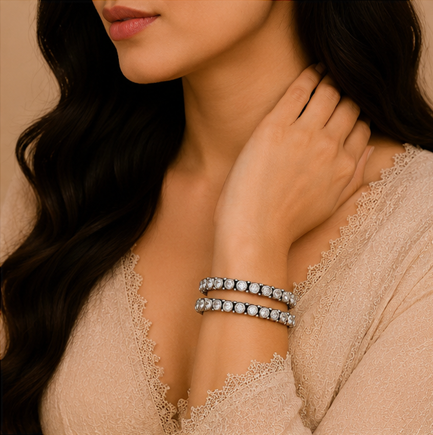 Crystal Radiance Oxidized Silver Bangles