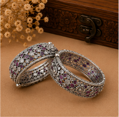 Royal Amethyst Kundan Oxidized Silver Bangles