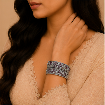 Royal Amethyst Kundan Oxidized Silver Bangles