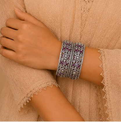 Royal Amethyst Kundan Oxidized Silver Bangles