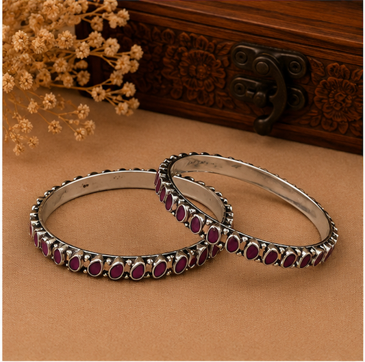 Ruby Teardrop Oxidized Silver Bangles