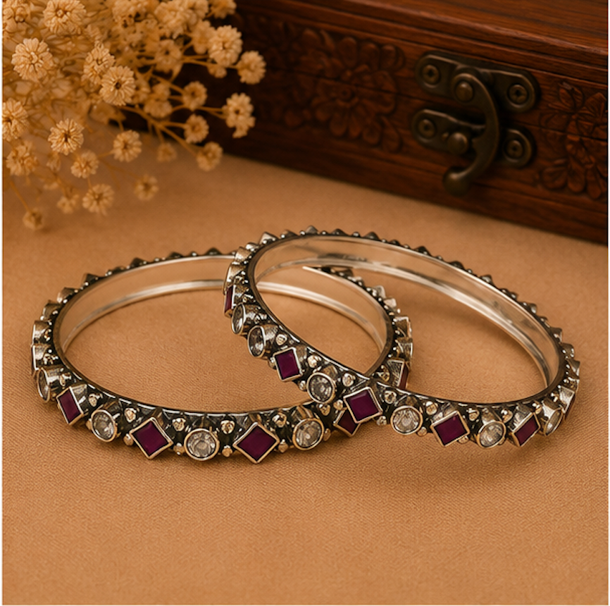 Ruby & Crystal Geometric Oxidized Silver Bangles