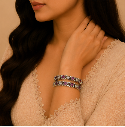Ruby & Crystal Geometric Oxidized Silver Bangles