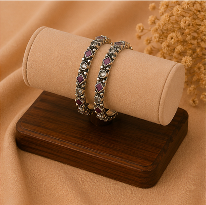 Ruby & Crystal Geometric Oxidized Silver Bangles
