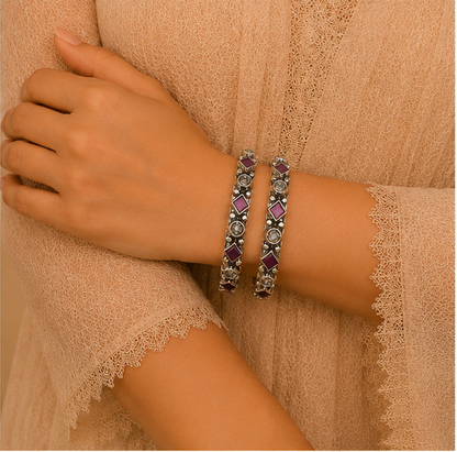 Ruby & Crystal Geometric Oxidized Silver Bangles