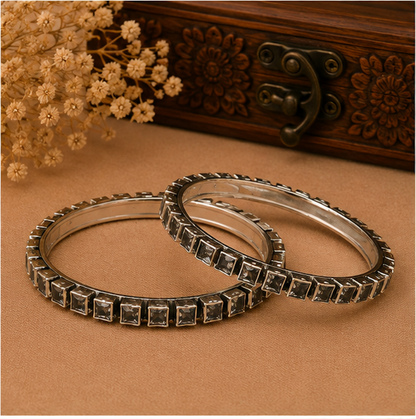 Midnight Square Crystal Oxidized Silver Bangles