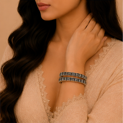 Midnight Square Crystal Oxidized Silver Bangles