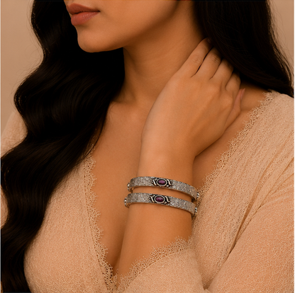 Royal Engraved Gemstone Oxidized Silver Bangles