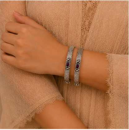 Royal Engraved Gemstone Oxidized Silver Bangles