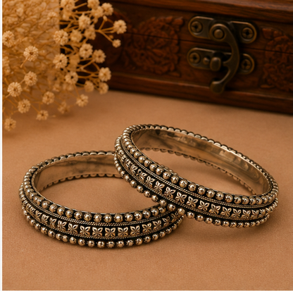 Heritage Floral Beaded Oxidized Silver Bangles