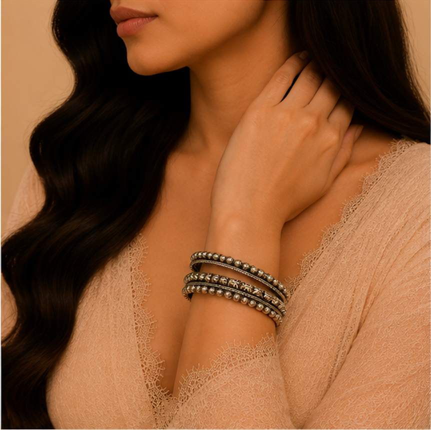 Heritage Floral Beaded Oxidized Silver Bangles