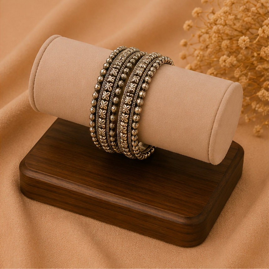 Heritage Floral Beaded Oxidized Silver Bangles