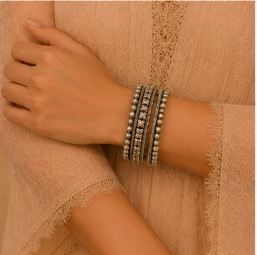 Heritage Floral Beaded Oxidized Silver Bangles