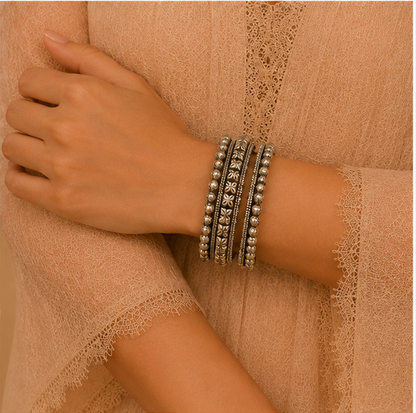 Heritage Floral Beaded Oxidized Silver Bangles