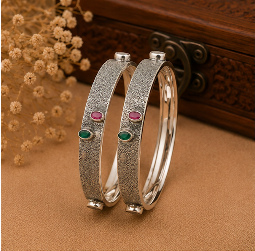 Antique Textured Silver Bangle with Dual Gemstone Accents