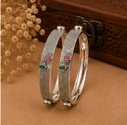 Antique Textured Silver Bangle with Dual Gemstone Accents