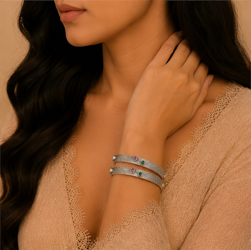 Antique Textured Silver Bangle with Dual Gemstone Accents