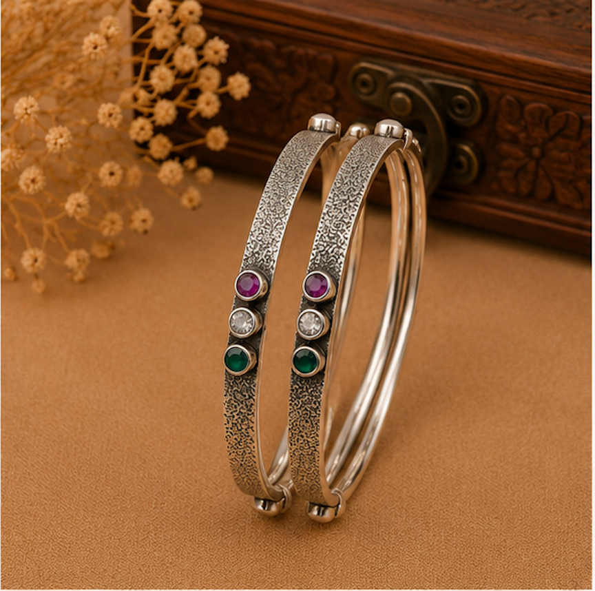Antique Textured Triple Stone Silver Bangle