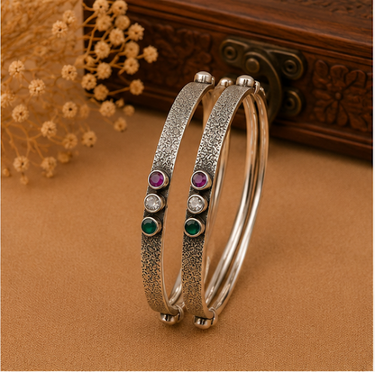 Antique Textured Triple Stone Silver Bangle