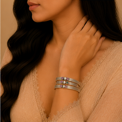 Antique Textured Triple Stone Silver Bangle